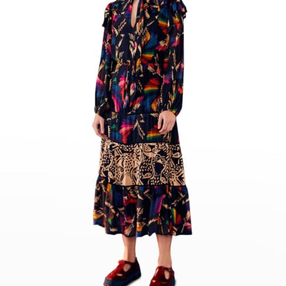 Farm Rio Black Macaws Flight Maxi Dress Tie Neck Leopard Tiered Animal Print XS - Picture 2 of 10